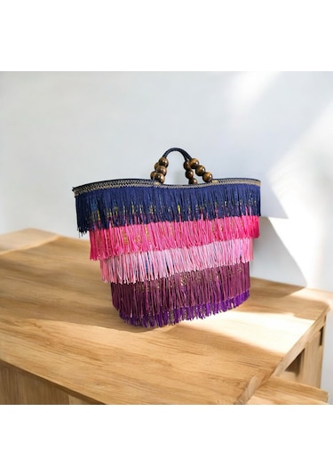 Hasır Çanta, Plaj Çantası, Tasarım Çanta, Renkli Püsküllü El Çantası Lacivert