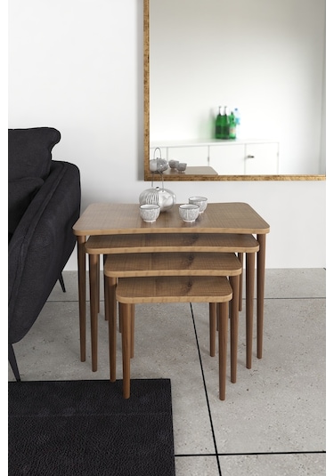 Zuesse Dizayn Selena Zigon Sehpa Ahşap Ayaklı Ceviz Salonseti Sehpası 4 'Lü