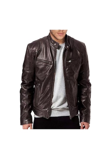 İlkbahar Ve Sonbahar İçin Yeni Erkek Dik Yaka Deri Ceket Kahverengi