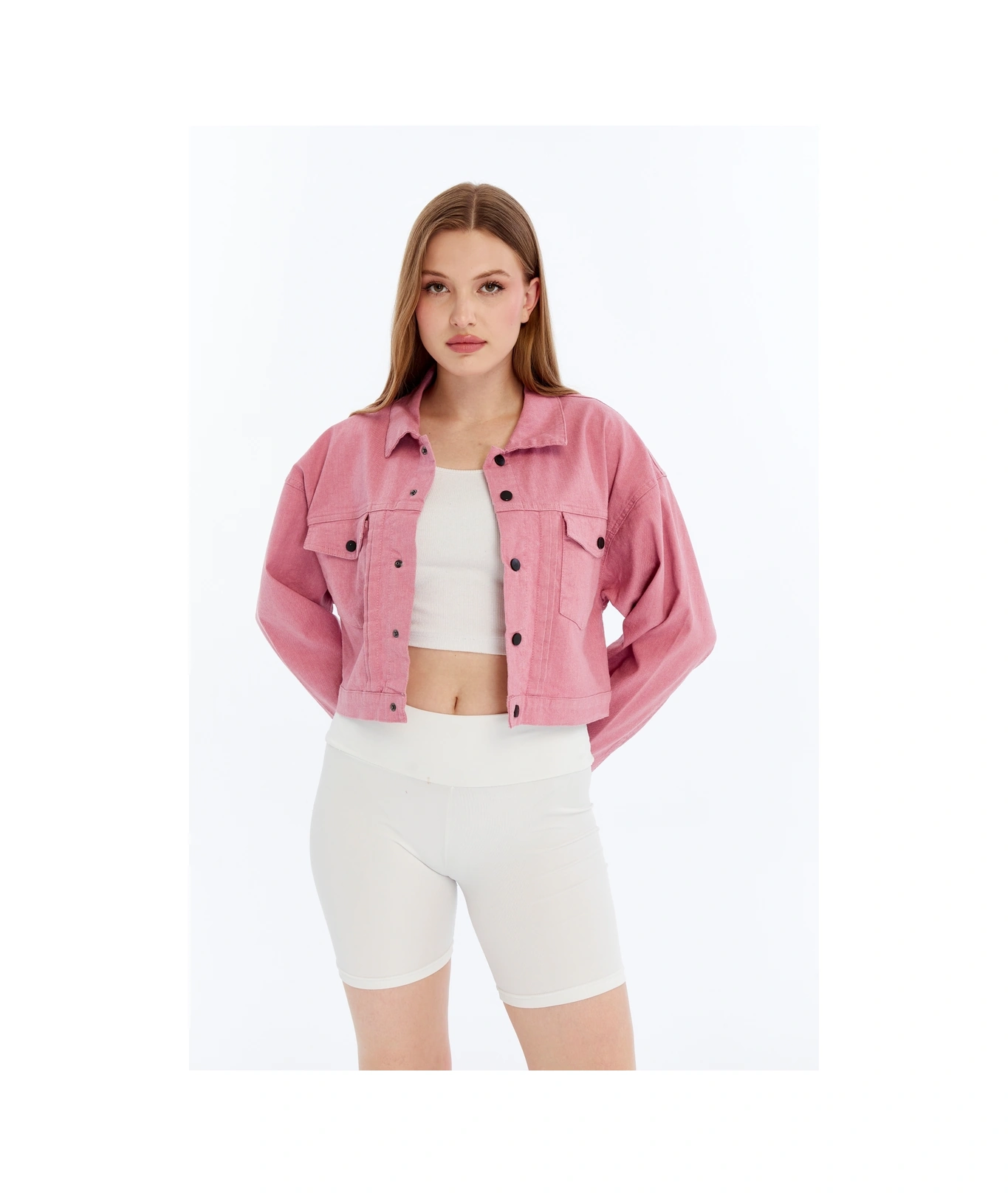 Kadın Bomber Gabardin Ceket Çıt Çıt Düğmeli Kolej Kot Ceket Cepli Renkli Kolay Kombinlenebilen Ceket Pembe