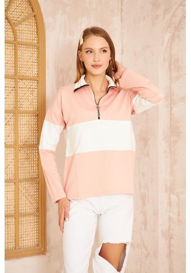 Kadın Uzun Kol Fermuarlı Polo Yaka Color Block Basic Salaş Sweatshirt Bluz 3471210 Pudra