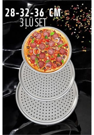 Modacar Delikli Pizza Lahmacun Tepsisi Çelik 28-32-36 Cm 3 Lü Set Diğer