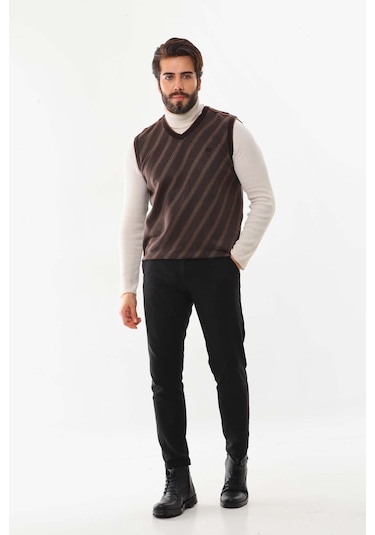 Pelikan Erkek Çizgili V Yaka Süveter 9625 Kahverengi