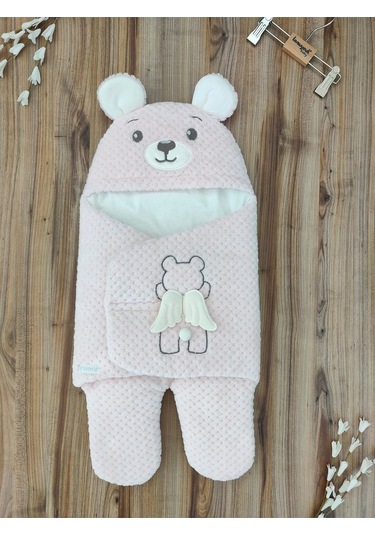 Kışlık Bebebk Battaniyesi Ayaklı Dış Kundak Yumuşak Dokulu Sevimli Ayıcık Nakış Arya Kumaş Pamuklu Pembe