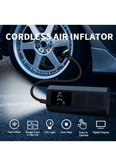 Primepickings Kablosuz Dijital Ekranlı Hava Pompası Portable Araç Bisiklet Motosiklet Ve Toplar İçin Şarj Edilebilir Lityum Pil Usb Type-c Bağlantılı