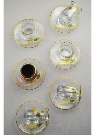 12 Parça 6 Kişilik Lüx Cam Çay Seti Gold Detaylı Altın Renk İşlemeli Lüks Çay Takımı Altın