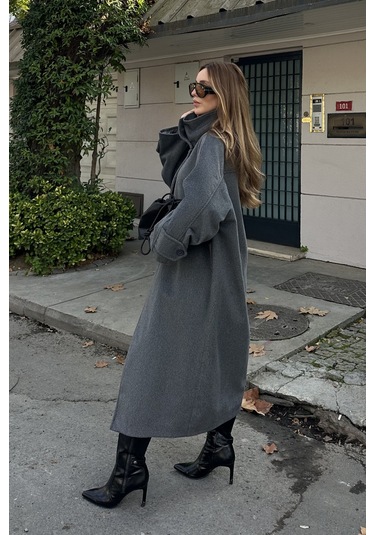 Gri Vittoria Düğmeli Yaka Kaban - 2511 Gri