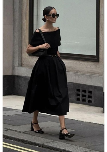 Siyah Pileli Cepli Kadın Midi Boy Etek Mg2536 Siyah