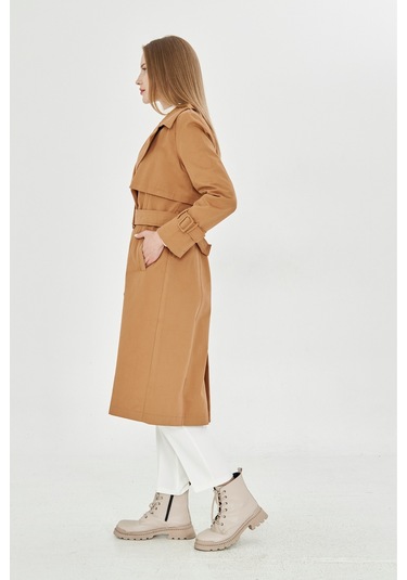 Pastelastore %100 Pamuk Gabardin Uzun 110cm Astarlı Kemerli Kadın Trençkot 1111 Tarçın
