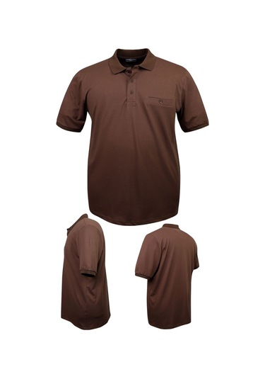 Erkek Büyük Beden 115 - 155 Kilo Arası Uygun Bedenli Likralı Pike Polo Yaka Cepli Tişört Kahverengi