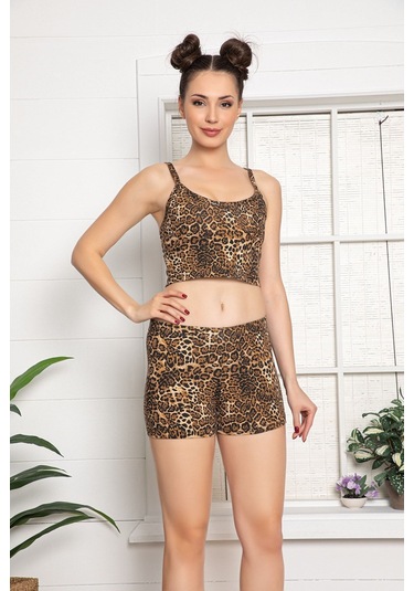 Askılı Leopar Desenli Göbek Üstü Şortlu Kadın Pijama Takımı 30144 Kahverengi