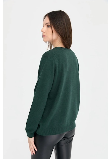 Desen Triko Kadın V Yaka Yün Hırka 21021 Yeşil Yeşil