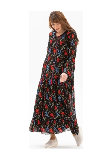 Uzun Kol Vual Gonca Uzun Elbise Gelincik Desen Siyah