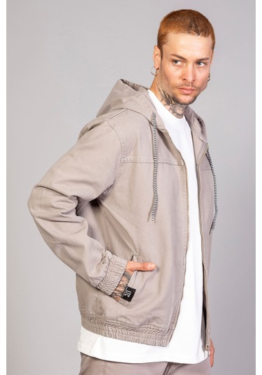 Erkek Kapüşonlu Oversize Marsıan Füme Kot Ceket Füme