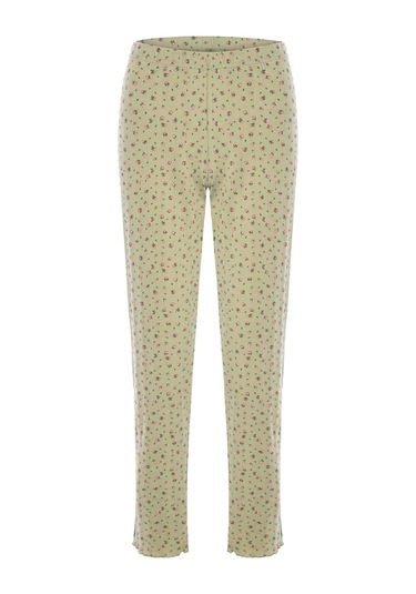 Kadın Pamuklu Çıtır Çiçek Desenli Baby Overloklu Fiyonk Detaylı Uzun Kollu Pijama Takımı Ko70142 Yeşil - Pembe