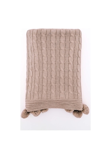 Biocotton Triko Ponponlu Örgü Tv Battaniyesi - Vizon