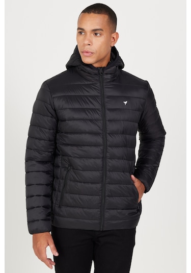 Erkek Sıyah Standart Fit Normal Kesim Kapüşonlu Mont Siyah