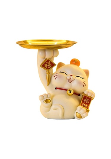 Trendooze Şanslı Kedi Heykeli Mini Depolama Tepsisi - 13x10,5x15,5 Cm, Unik Tasarım 13cmx10,5cmx15,5cm