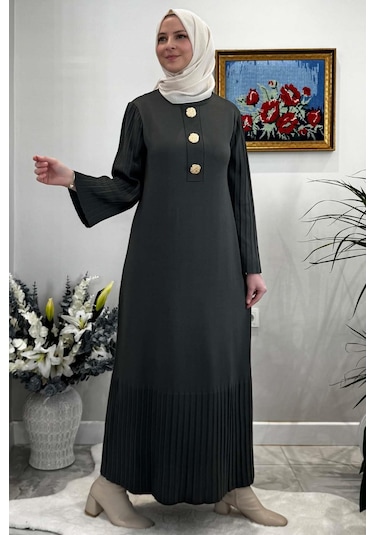 Banu Broşlu Triko Elbise Haki Normal