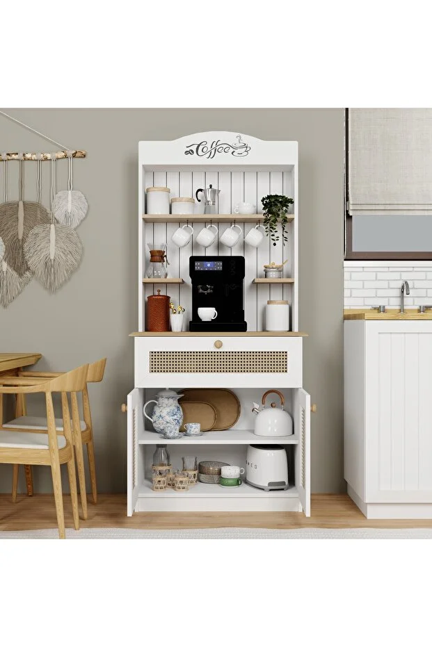Lucas 2 Kapaklı Çekmeceli Sarı Hasır Desen Kahve Köşesi Çok Amaçlı Mutfak Dolabı-açık Ceviz & Beyaz Beyaz - Açık Ceviz