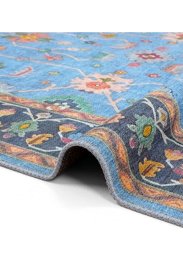 Cool Halı Beylerbeyi By 845 Mavi Halı Çiçek Desenli Otantik Ev Salon Halısı Yıkanabilir Şönil Halı
