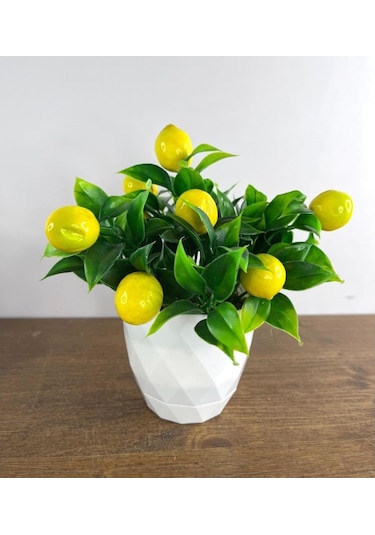 Yapay Çiçek Beyaz Saksıda Limon Demeti Dekoratif Masa Çiçeği