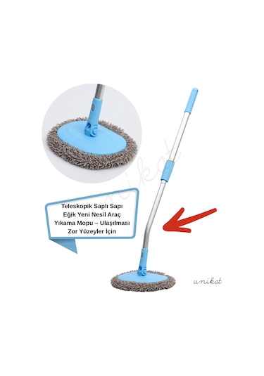 Teleskopik Saplı Eğik Başlıklı Yeni Nesil Araç Yıkama Mopu Zor Yüzeyler İçin 1 Adet