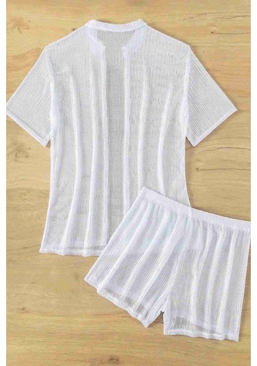 Angelsin Yaka Detaylı Gömlek Görünümlü Alt Üst Şort Takım Plaj Elbisesi Pareo Beyaz 001