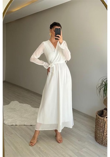 Neşeli Butik Kadın Uzun Kollu Kuşaklı Maxi Şifon Elbise Nm001 Beyaz