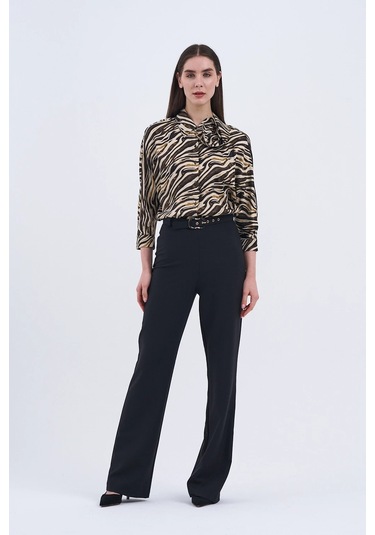 Trend Kadın Yeni İkili Takım Siyah Pantolon Ve Zebra Desenli Bluz Siyah