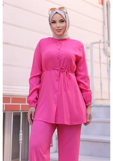 Hakim Yaka Detaylı Tesettür Fuşya Takım Fuşya
