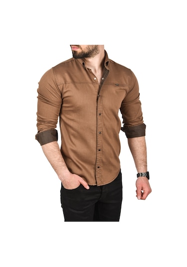 Deepsea Erkek Kahve Slim Fit Pamuklu Kot Gömlek Kolay Ütülenebilir Çıt Çıtlı Likralı Spor Gömlek 2502504 Kahve