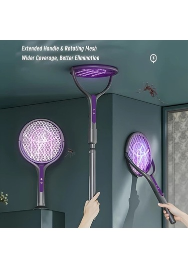 Boatshop1 2 İn 1 Elektrikli Sivrisinek Racket Yükseltilmiş Versiyon Teleskopik Çubuk 180 Derece Döner Baş Şarj Edilebilir 1200mah