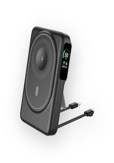 10000mah 22.5w Type-c Lightning Kablolu/kablosuz Standlı Telefon/saat Şarj Lcd Magsafe Powerbank Black