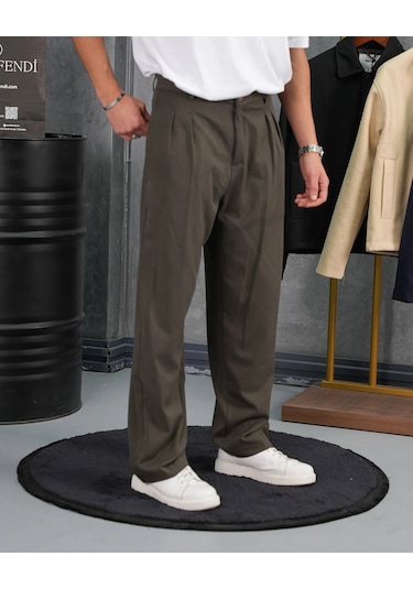 Modefendi Baggy Kalıp Pile Detaylı Kumaş Pantolon Haki
