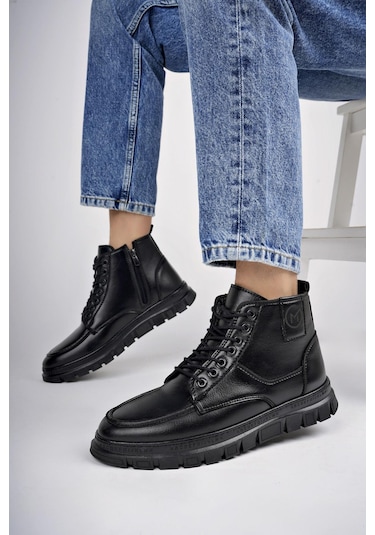 Muggo Gilberto Garantili Fermuarlı Bağcıklı Kürklü Hafif Taban Erkek Bot Siyah