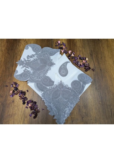 26 Parça Keten Zambak Masa Örtüsü Takımı Krem Gri Krem - Gri