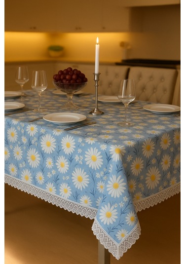 Açık Mavi Papatyalı Masa Örtüsü Su Geçirmez, Silinebilir Şık Dikdörtgen Model Mavi