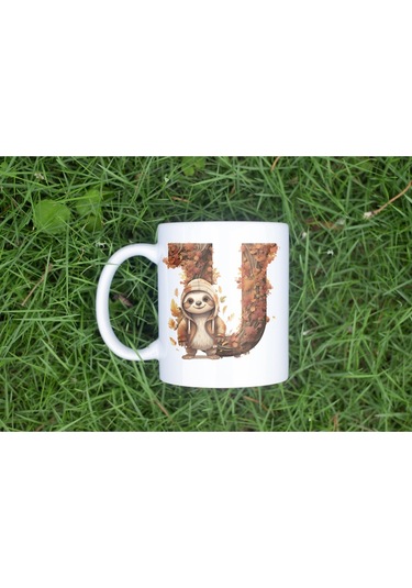 U Harf Sonbahar Yaprak Temalı Kupa Bardak - Sevimli Figürler İle Alfabe Harfli Bardak - Kişiye Özel Beyaz