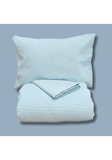 Çift Kişilik %100 Pamuk Düz İnce Çizgili Nevresim Takımı | Turkuaz Mavi & Beyaz | 4 Parça | Yumuşak Dokulu Turkuaz Mavi