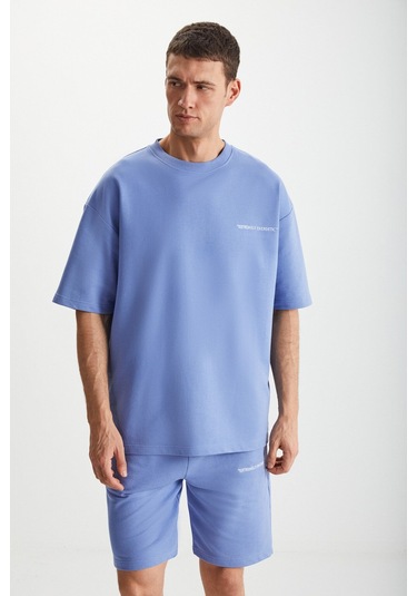 GRIMELANGE Colombıa Erkek 2'li Set Comfort Fit Rahat Kalıp Yazı Nakışlı Şardonsuz Mavi Eşofman Takımı Mavi