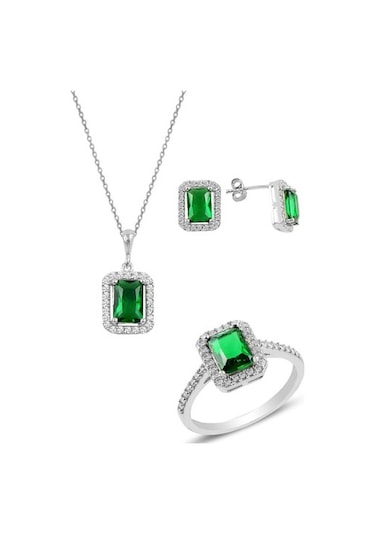 Gümüş Rodyumlu Kök Zümrüt Baget Taşlı Üçlü Set