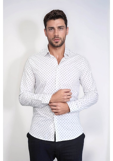 Minimal Siyah Motifli Beyaz Erkek Gömlek - Wessi Beyaz