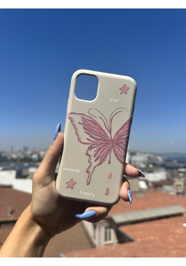 İphone 13 Pro Max Uyumlu Pembe Kelebek Tasarımlı Telefon Kılıfı - Krem