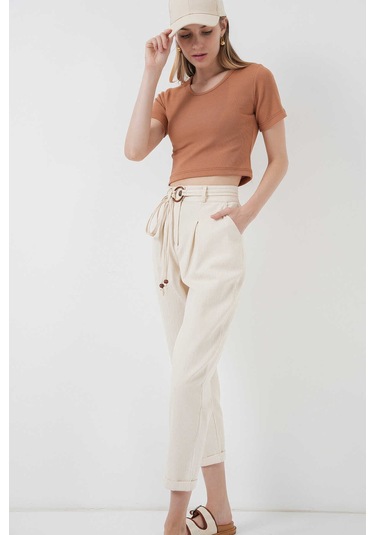 Gabria Kemerli Duble Paça Keten Pantolon Krem
