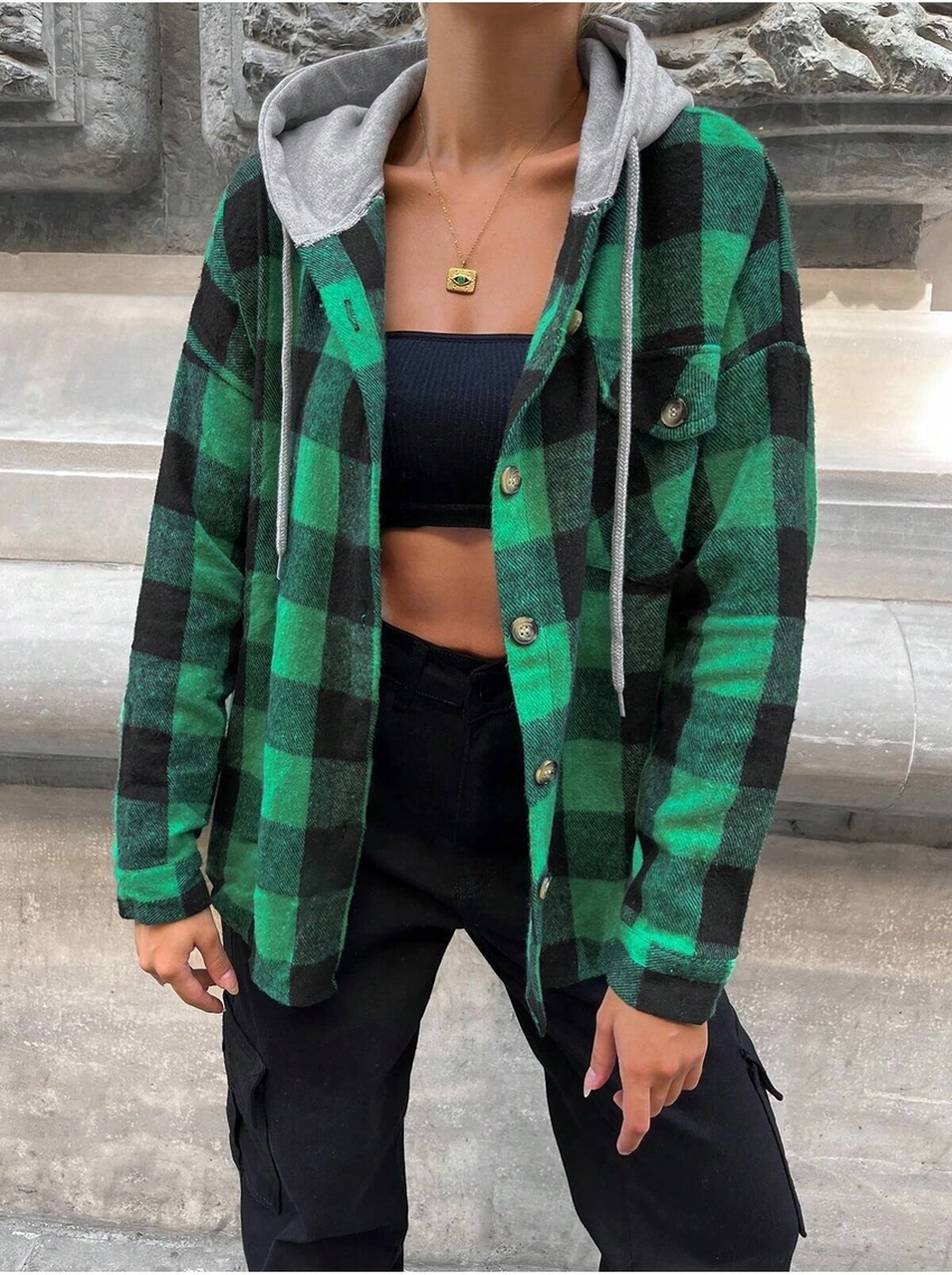 Kadın Desenli Renkli Oduncu Oversize Bol Ve Geniş Kalıp Casual Çift Kapüşonlu Ceket Gömlek Yeşil
