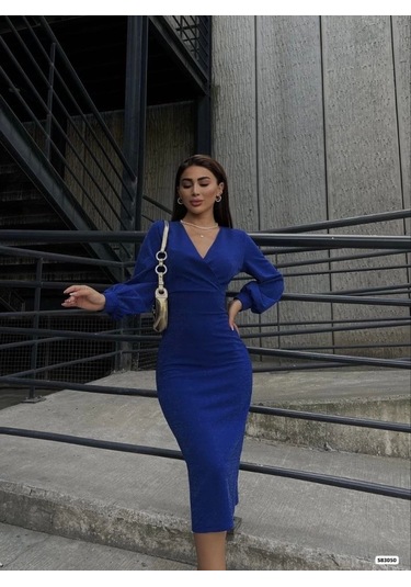 Kadın Kruvaze Yaka Balon Kol Simli Krep Kumaş Midi Boy Elbise Saks