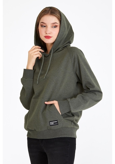 Comeor Kadın Haki Basic Kapüşonlu Regular Fit Rahat Sweatshirt 001