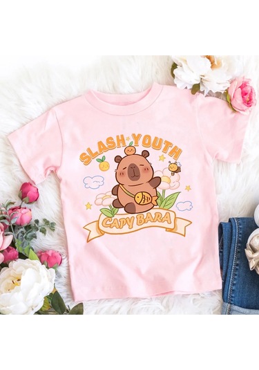 Snapbuy Kapibara Baskılı Çocuk T-shirti 3-10 Yaş Kısa Kollu Yuvarlak Yaka Doğum Günü Hediyesigrierkek Gri