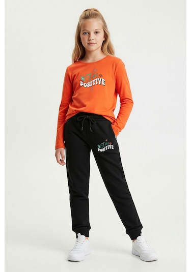 Yuvarlak Yaka Stay Posıtıve Baskılı Kız Çocuk Alt-üst Takım Turuncu